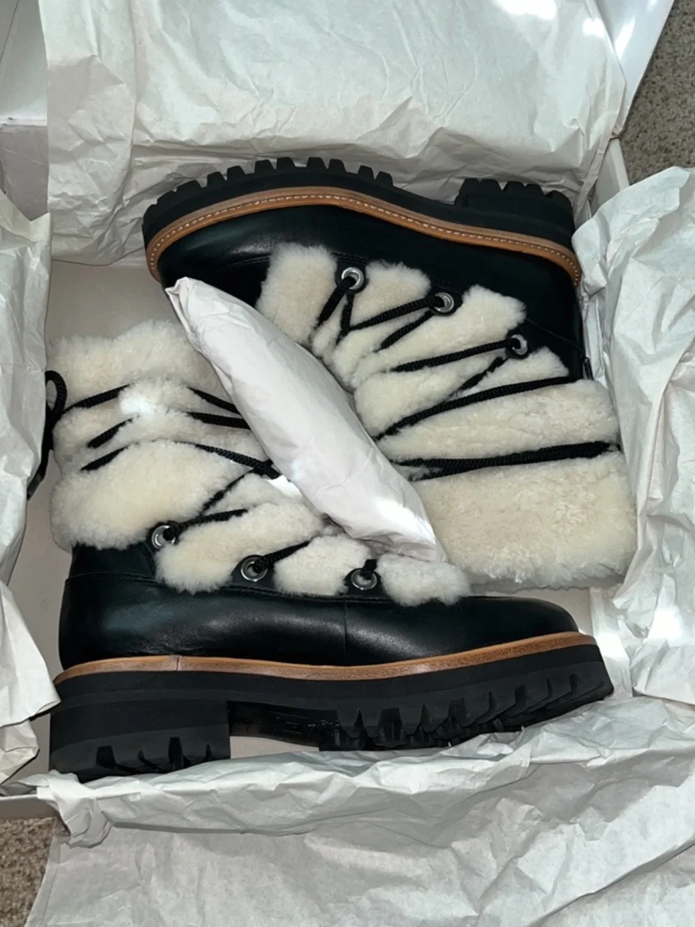 Marc Fisher Isha Black Leather Lace-Up Shearling Winter Boot